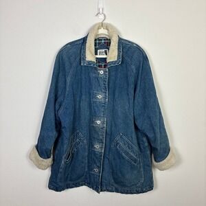 Vintage Ryan Scott Denim Chore Coat Sherpa Collar Plaid Lined Jacket Mens Medium